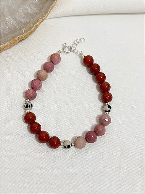 Pulseira Maia - Rodrocrosita, Jaspe Dálmata e Vermelho e Prata 925