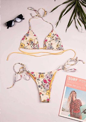 Biquíni cortininha dupla face floral amarelo retrô