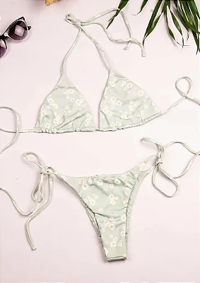 Biquíni cortininha dupla face floral verde romântico