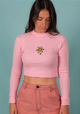 Cropped canelado gola alta manga longa rosa margarida