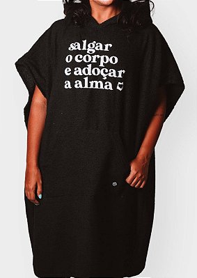Poncho atoalhado de surf - Salgar o corpo e adoçar a alma Preto | Roupão de surfista