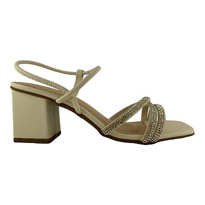 (74.105) Sandália Salto Bloco Tiras Strass  Off White