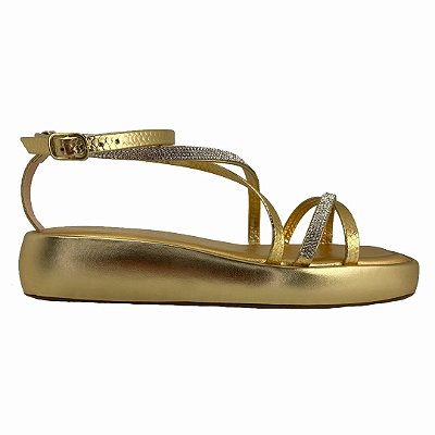 (6810-18606) Sandália Flatform Tiras Cruzadas   Ouro