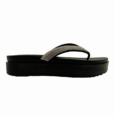 (3027-0385) Sandália Flatform Tiras Strass Preto