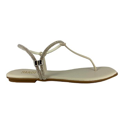 (270-81A) Sandália Rasteira Tiras Strass Off White