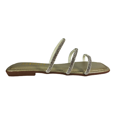 (Ff2306) Sandália Rasteira Tiras Strass Ouro Light