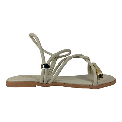 (F1739) Sandália Rasteira Tiras Detalhe Metalizado  Off White