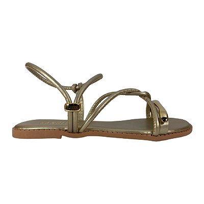 (F1739) Sandália Rasteira Tiras Detalhe Metalizado  Ouro Light