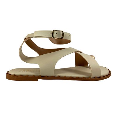 (I363112) Sandália Rasteira Tiras Cruzadas Off White / Ouro