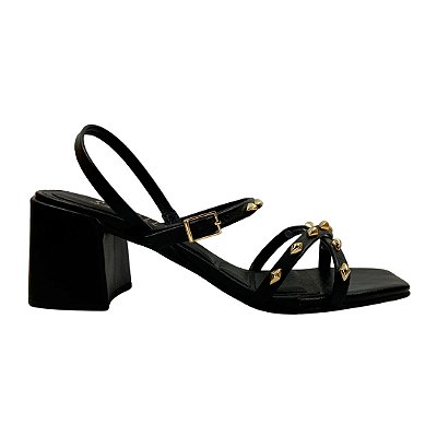 (6942A-19968) Sandália Salto Bloco Aplicação De Detalhes  Preto