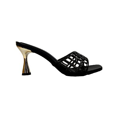 (5384-12185) Tamanco Salto Dourado Tiras Vazadas Preto