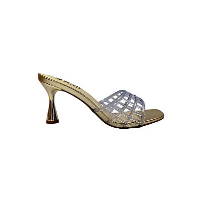 (5384-12185) Tamanco Salto Dourado Tiras Vazadas Cristal Ouro