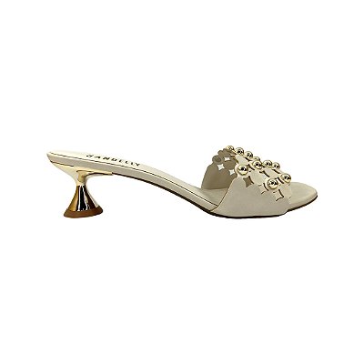 (5391-12188) Tamanco Salto Metalizado Tiras Esferas Douradas Off White