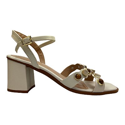 (H031) Sandália Salto Bloco Detalhes Pedrarias Off White