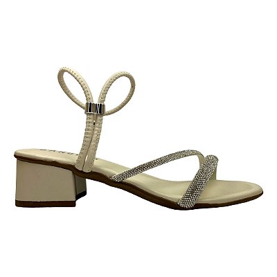 (4153Ye) Sandália Tiras Strass Detalhe Ajustável Off White