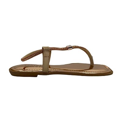 (Pe2453) Sandália Rasteira Conforto Com Tira Em Strass Cobre