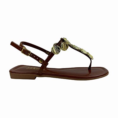 (700211454) Sandália Rasteira Com Aplicações Metalizadas  Whisky