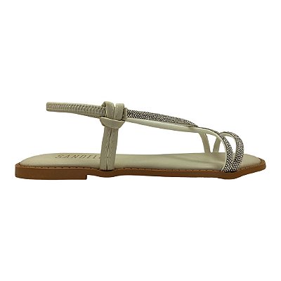 (F1702) Rasteira Elástico Tornozelo Tiras Strass Off White