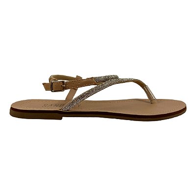 (Rr2363) Sandália Rasteira Tira Diagonal Strass Marfim