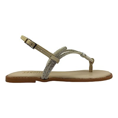 (F1701) Sandália Rasteira Tiras Strass Detalhe Metalizado Panna Cota