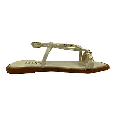 (M144) Sandália Rasteira Esferas Metalizadas Detalhe Pedraria Off White