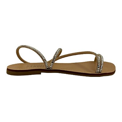 (Rr2364) Sandália Rasteira Tiras Finas Strass  Marfim