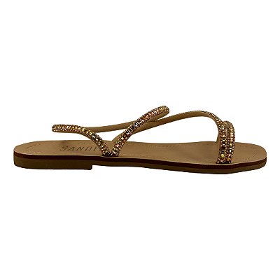 (Rr2364) Sandália Rasteira Tiras Finas Strass  Caramelo