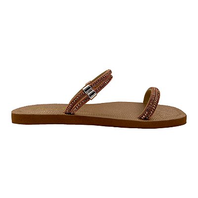 (Rv2467) Rasteira Tiras Strass Ajuste Metálico Cobre