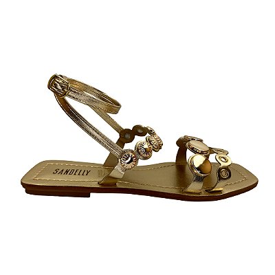 (8222-9100) Sandália Rasteira Detalhes Metálicos Champagne