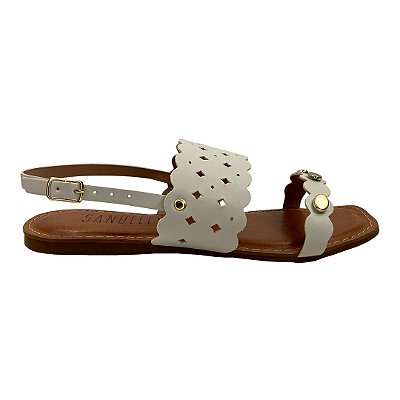 (1688Rq8) Sandália Rasteira Tira Vazada Detalhes Metálicos Off White