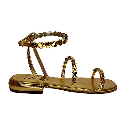 (4110-0T-11695) Sandália Rasteira Tiras Estrelas Corações Gold
