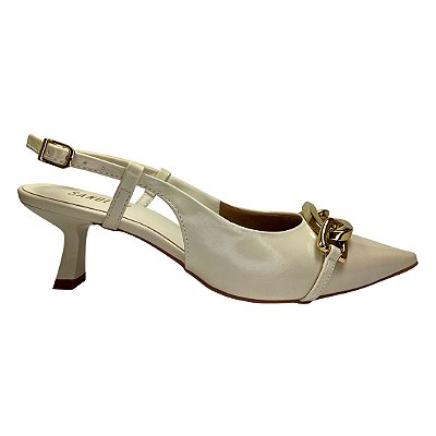 (5081-10485) Scarpin Slingback Fivela Metalizada Off White