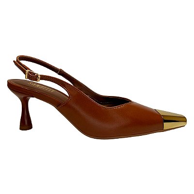 (5437-12619) Scarpin Slingback Bico Metalizado Caramelo