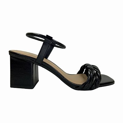 (74062) Sandália Salto Bloco Com Tiras Trançadas Preto