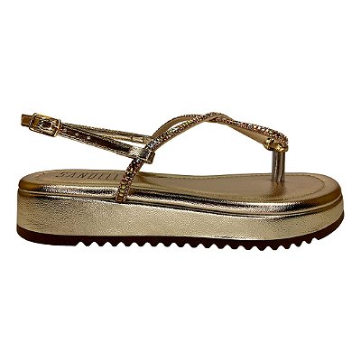 (368200-9) Flatform Tiras Finas Aplicação Strass Ouro Light