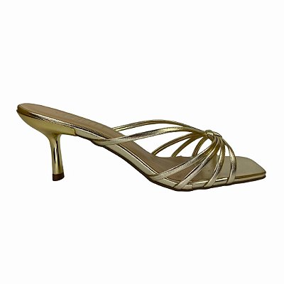 (7065-21254) Tamanco Salto Alto Fino Com Tiras Nó Frontal Iron Ouro