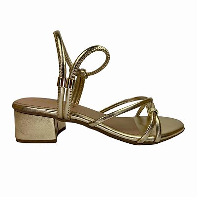 (4154Ye) Sandália Salto Bloco Baixo Com Tiras Finas E Detalhes Iron Ouro
