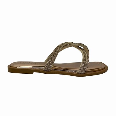 (90695) Rasteira Slide Com Tiras De Strass Entrelaçadas  Rose