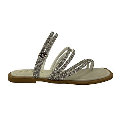 (90690) Rasteira Calce Fácil Com Tiras De Strass  Off White