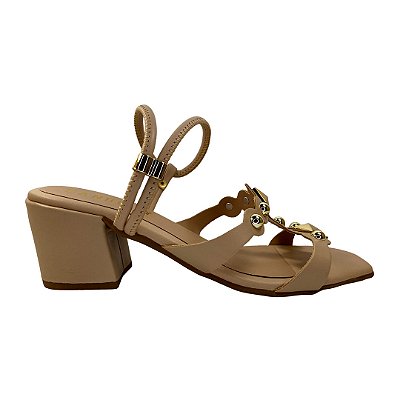 (4285Se) Sandália Salto Bloco Tira H Aplicações Douradas Off White