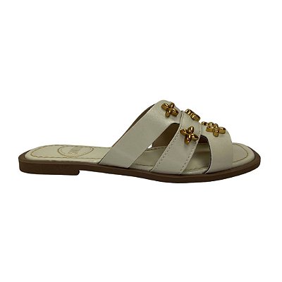 (951795) Rasteira Slide Com Tiras Cruzadas E Aplicações Florais Off White