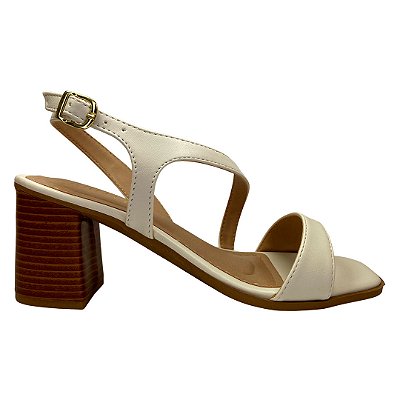 (H065) Sandália Salto Bloco Amadeirado Tiras Assimétricas Off White