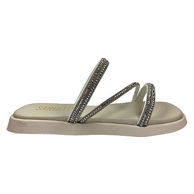 (Kb2651) Flatform Tiras Finas Aplicações Strass Off White