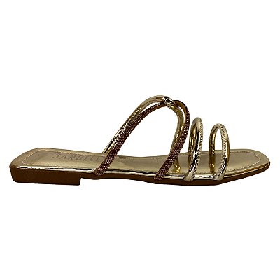 (671311454) Rasteira Múltiplas Tiras Detalhes Strass Ouro