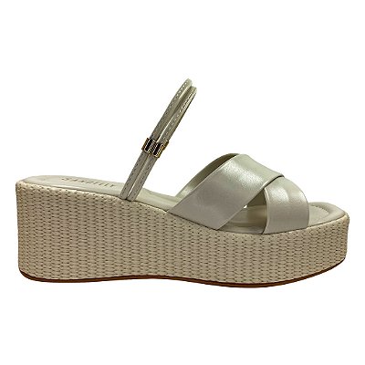 (3069-1539) Sandália Anabela Salto Texturizado Tiras Cruzadas Off White