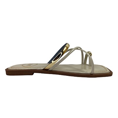 (952164) Rasteira Tiras Finas Cruzadas E Apliques Metalizados  Off White