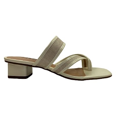 (8457-94215)Sandália De Salto Bloco Tiras Texturizadas  Off White