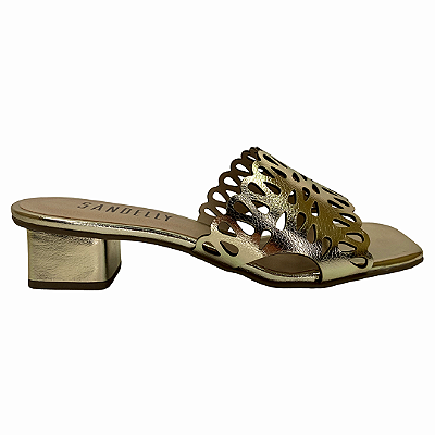 (8457-94214)Tamanco Dourado Tira Vazadas Salto Bloco Ouro Light