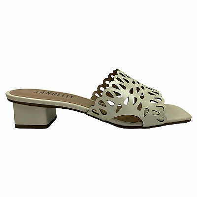 (8457-94214)Tamanco Dourado Tira Vazadas Salto Bloco Off White