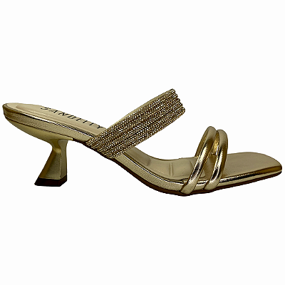 (T3533-142)Tamanco Dourado Tiras em Strass Detalhes Metálicos